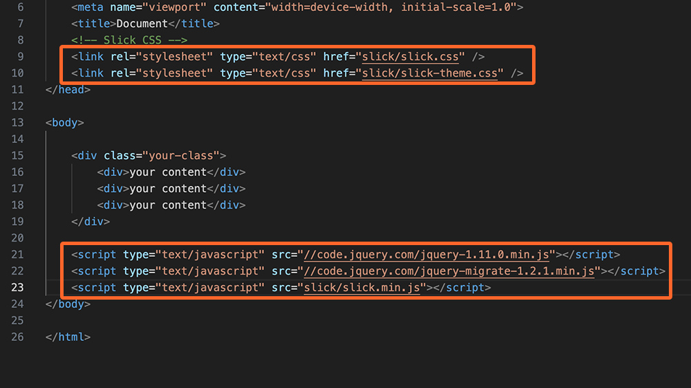 jQuery slickに使うhtmlファイルへのcss外部ファイルとjQuery外部ファイルの記入例のキャプチャ